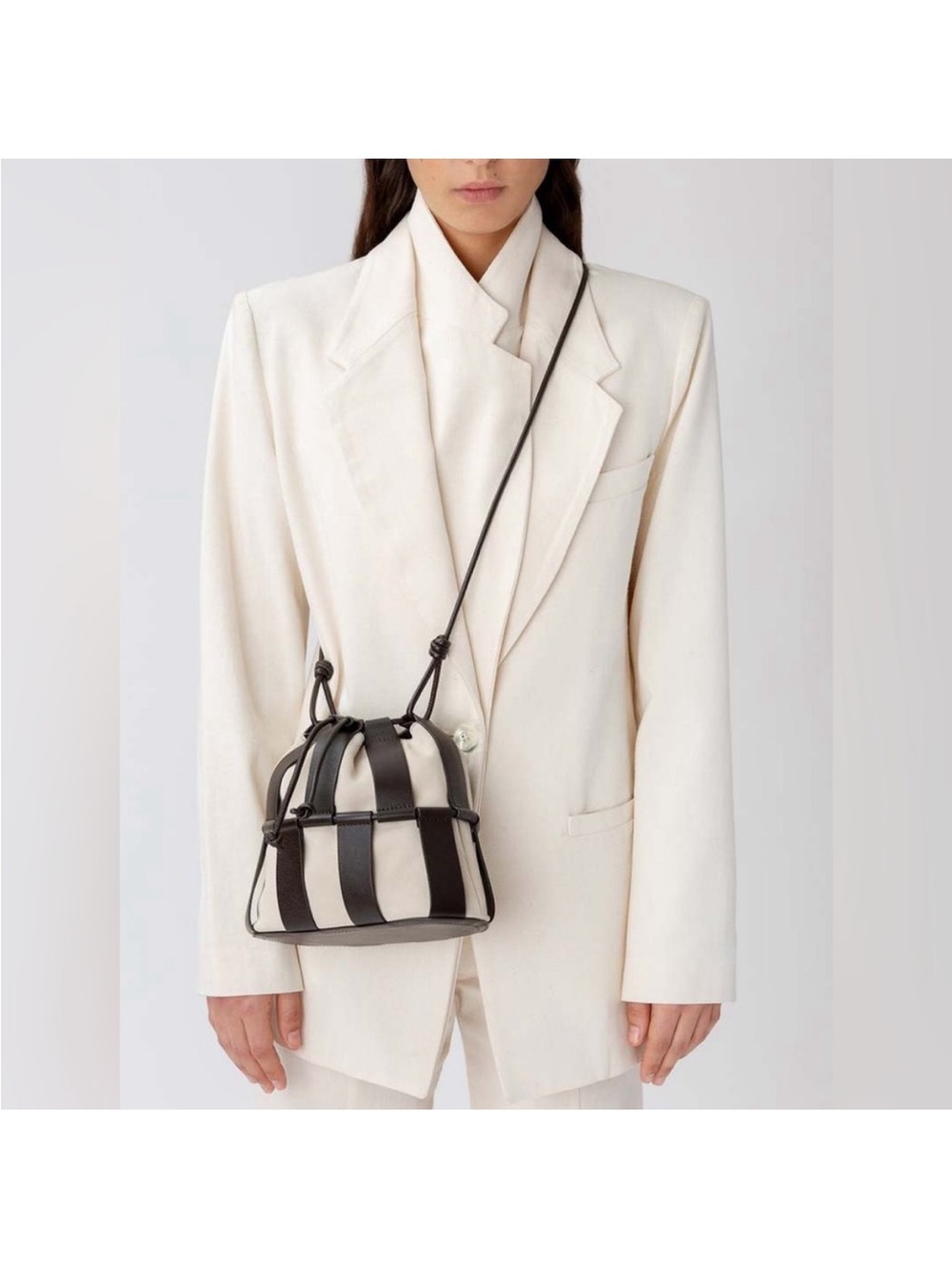 Canvas and Leather Drawstring Crossbody Bag in Cream and Dark Brown - Picture 3 of 7